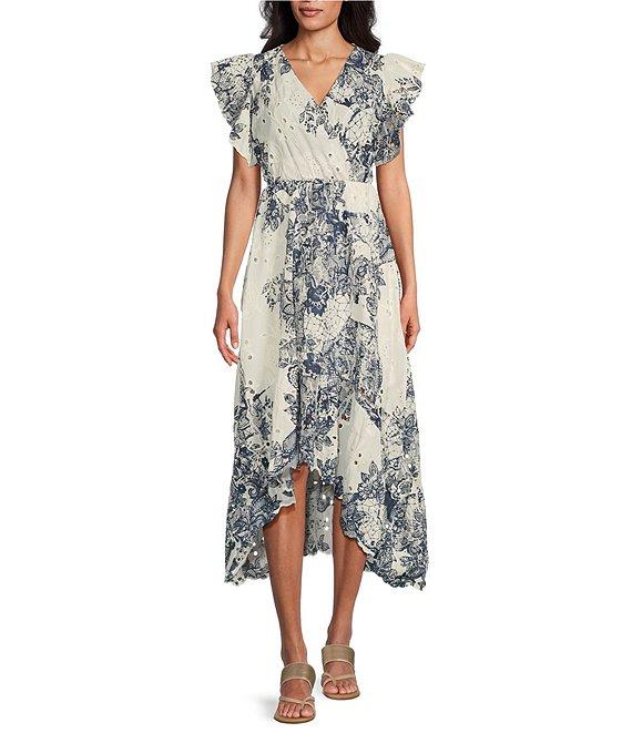 M Made in Italy Cotton Eyelet Ruffle Sleeve High-Low Midi Dress Product Image