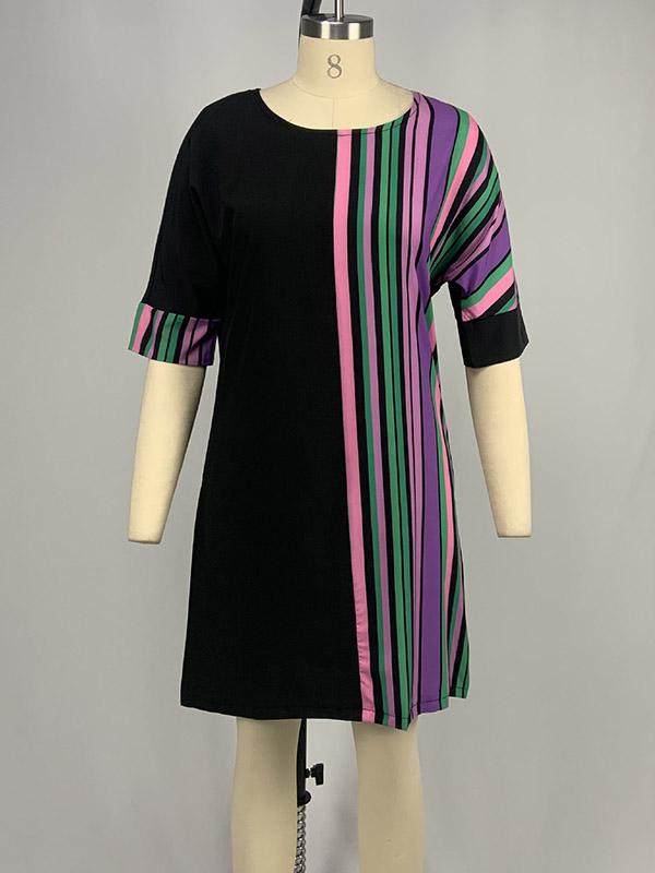 A-Line Half Sleeves Asymmetric Contrast Color Striped Round-Neck Mini Dresses Product Image