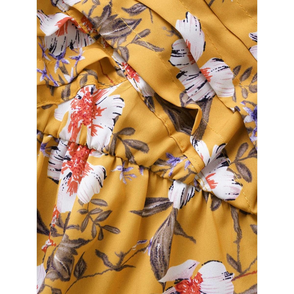 Plus Size Turmeric Heart Neckline Floral Print Pleated Blouse Women Elegant Short sleeve Heart neckline Everyday Blouses BloomChic 22-24/3X Product Image