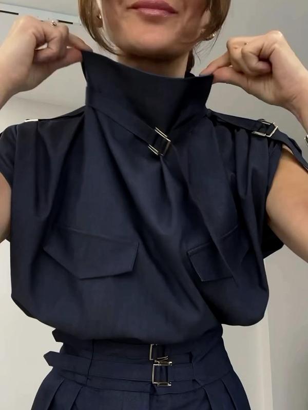 Loose Sleeveless Buckle Solid Color Stand Collar Blouses&Shirts Tops Product Image