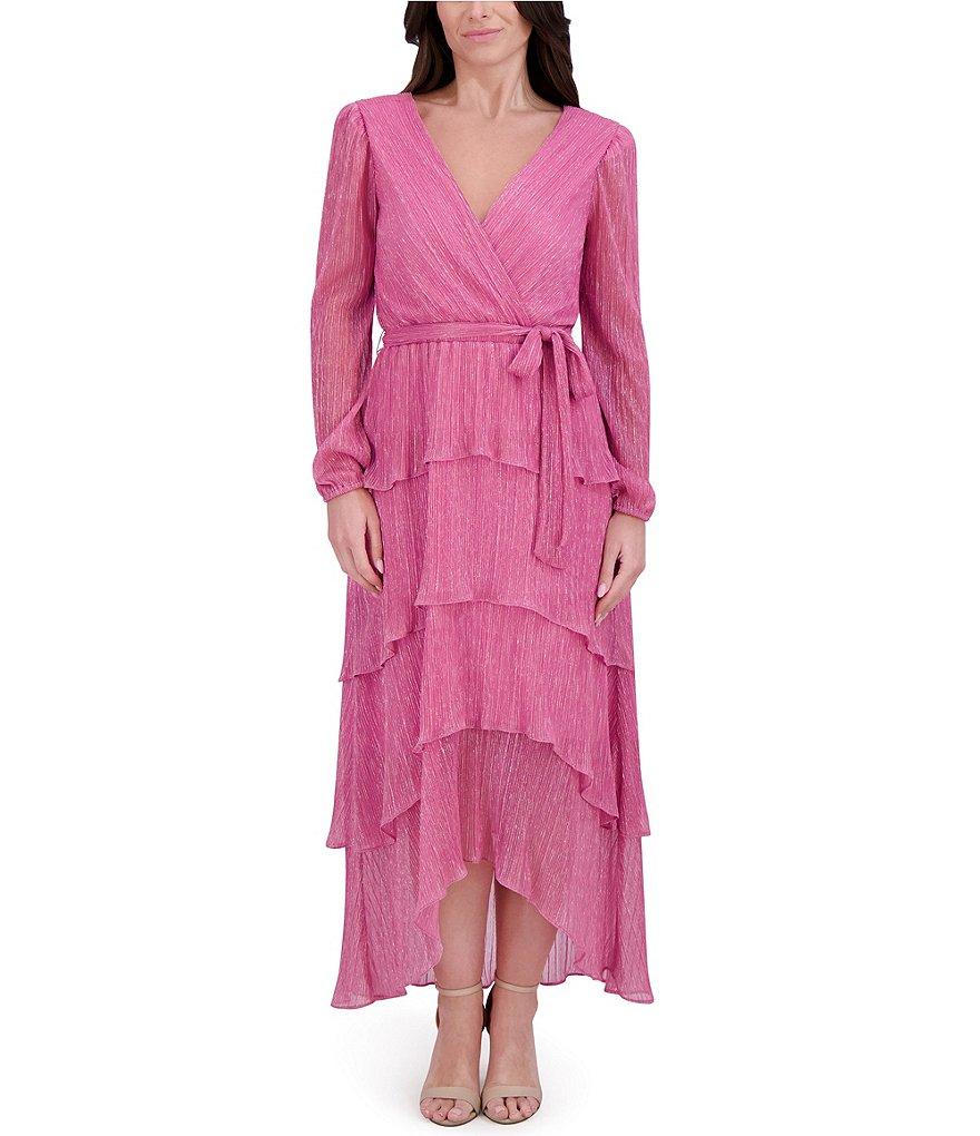 Kensie Shimmer Knit V-Neck Long Sleeve Tie Waist Ruffle Skirt A-Line Maxi Dress Product Image