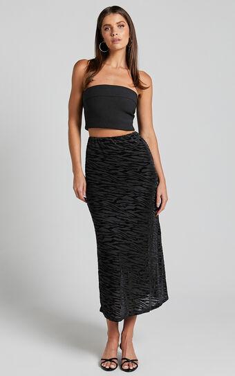Frankie Midi Skirt - Burn Out Velvet High Waisted Slip Skirt in Black Product Image