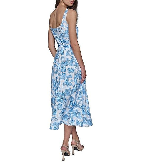 KARL LAGERFELD PARIS Toile Print Square Neck Sleeveless Waist Tie Belt A-Line Midi Dress Product Image