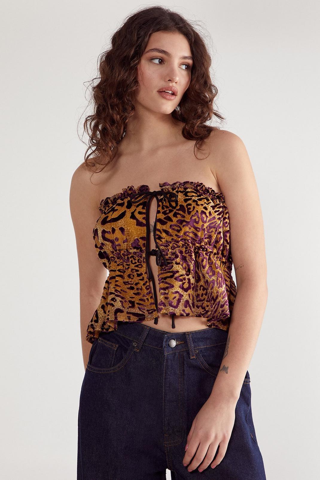 Leopard Devore Contrast Tie Bandeau Ruched Top Product Image