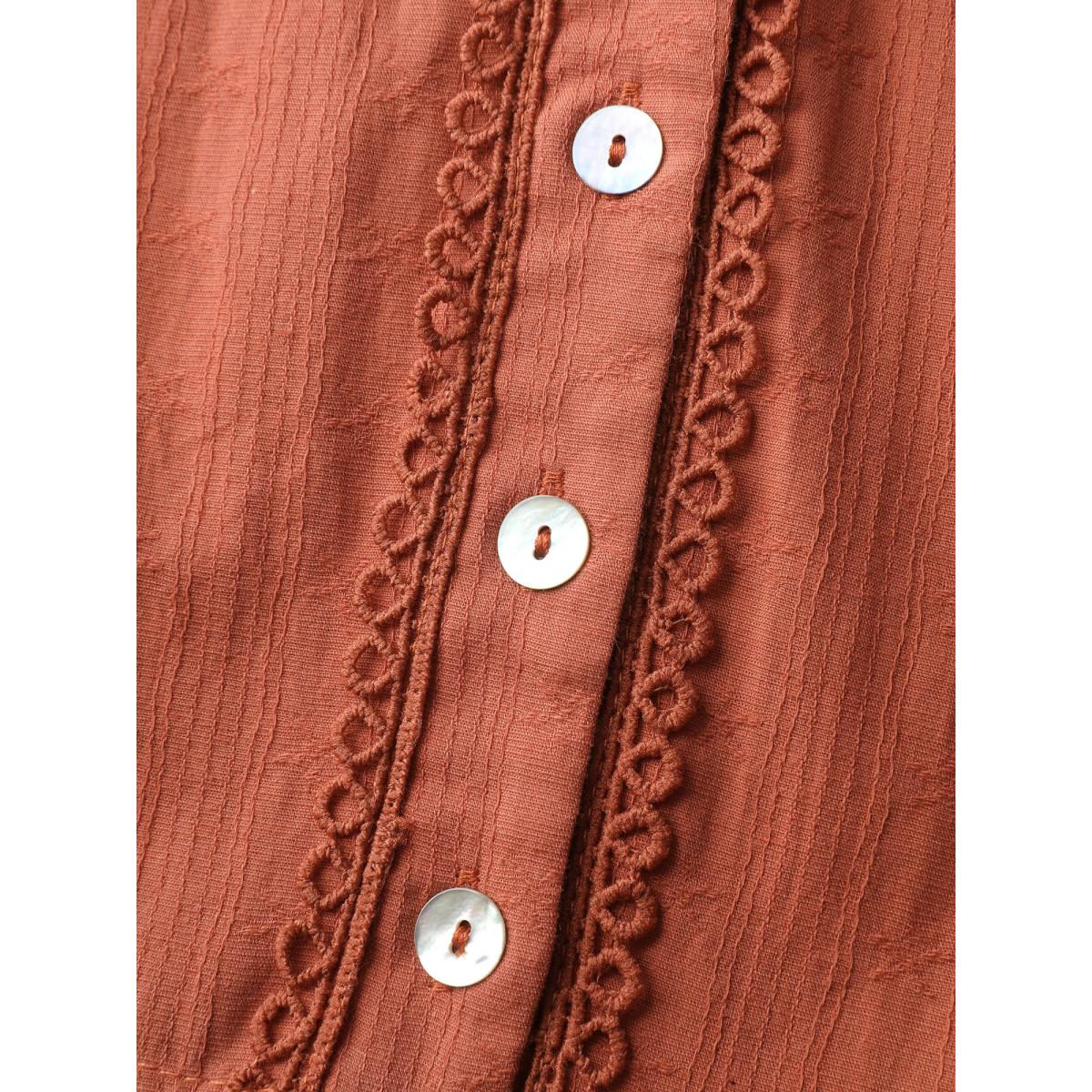 Plus Size Cotton Textured Button Tiered Knee Dress Brightorange Women Leisure Woven ribbon&lace trim Flat collar with V-notch Extra Long Sleeve Curvy BloomChic 22-24/3X Product Image