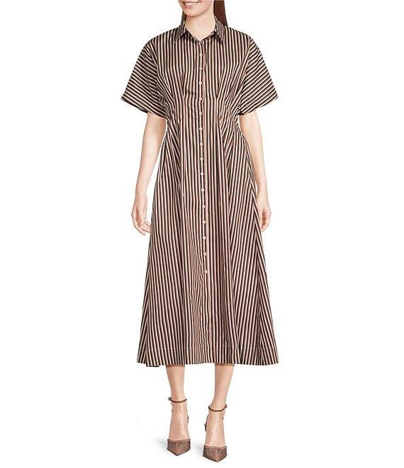 Sugarlips Striped Point Collar Dolman Sleeves Pleated Smocked Button Front Cotton Poplin Dress Product Image