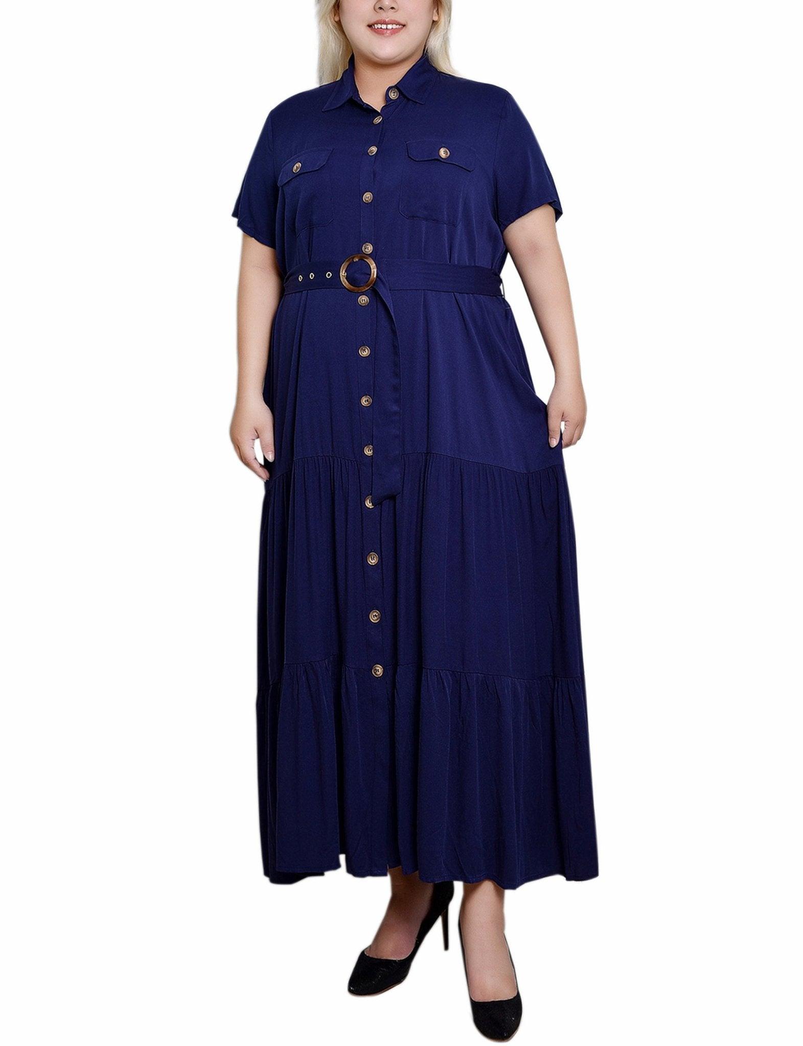 Navy Short Sleeve Midi Twill Dress - Plus Product Image