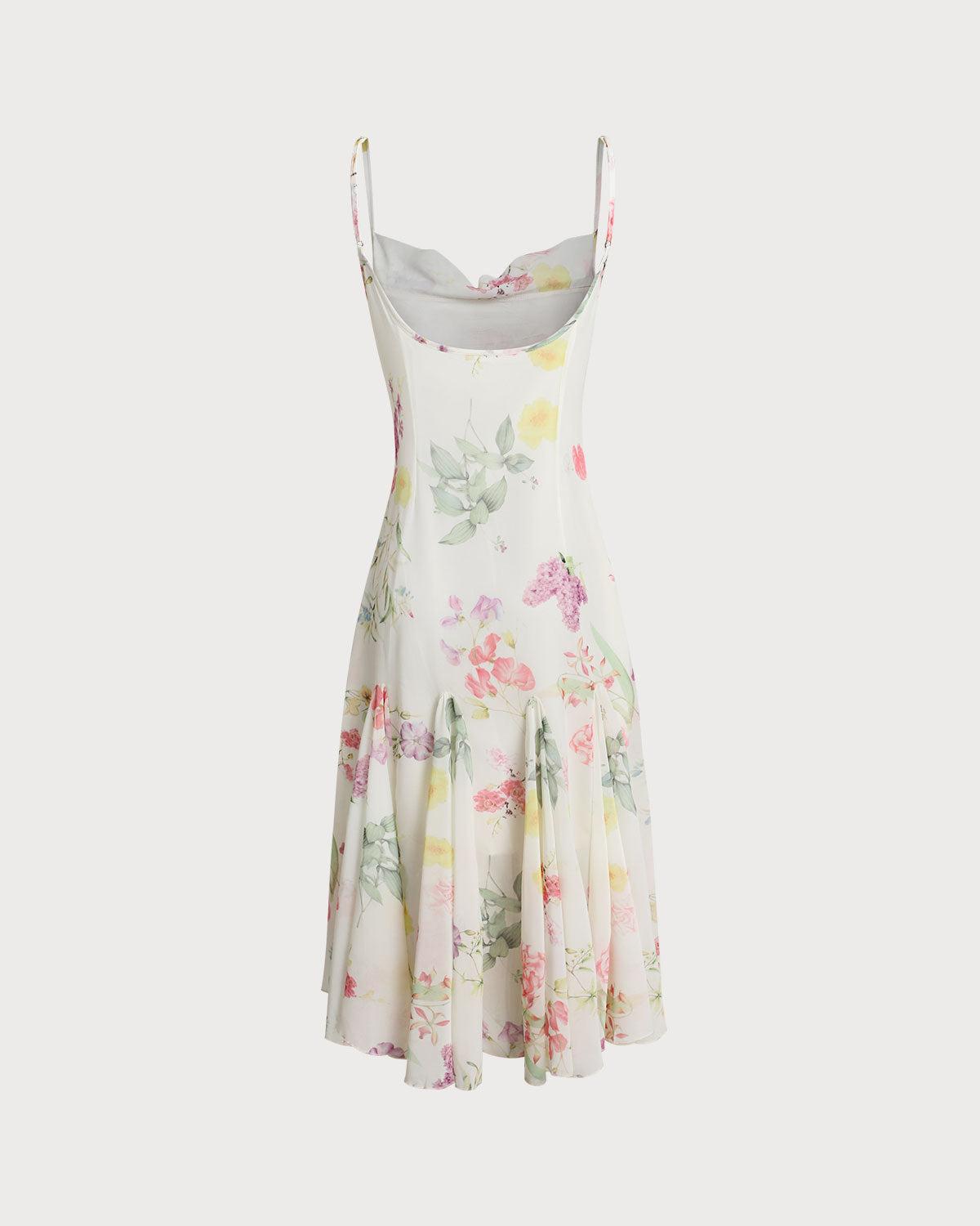 White Floral Pleated Slip Midi Dress Product Image
