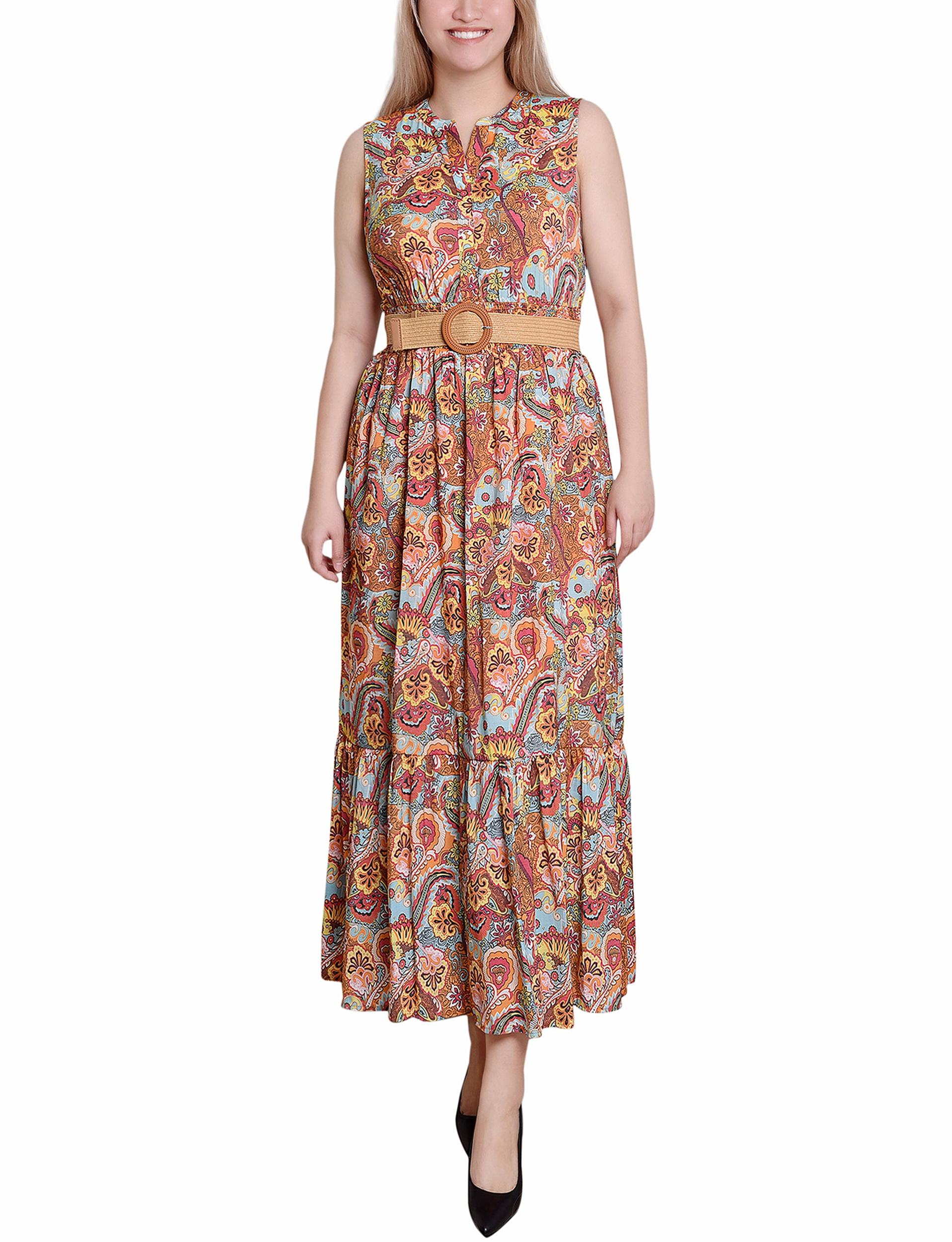 Orange Mint Vines Sleeveless Belted Midi Dress Product Image