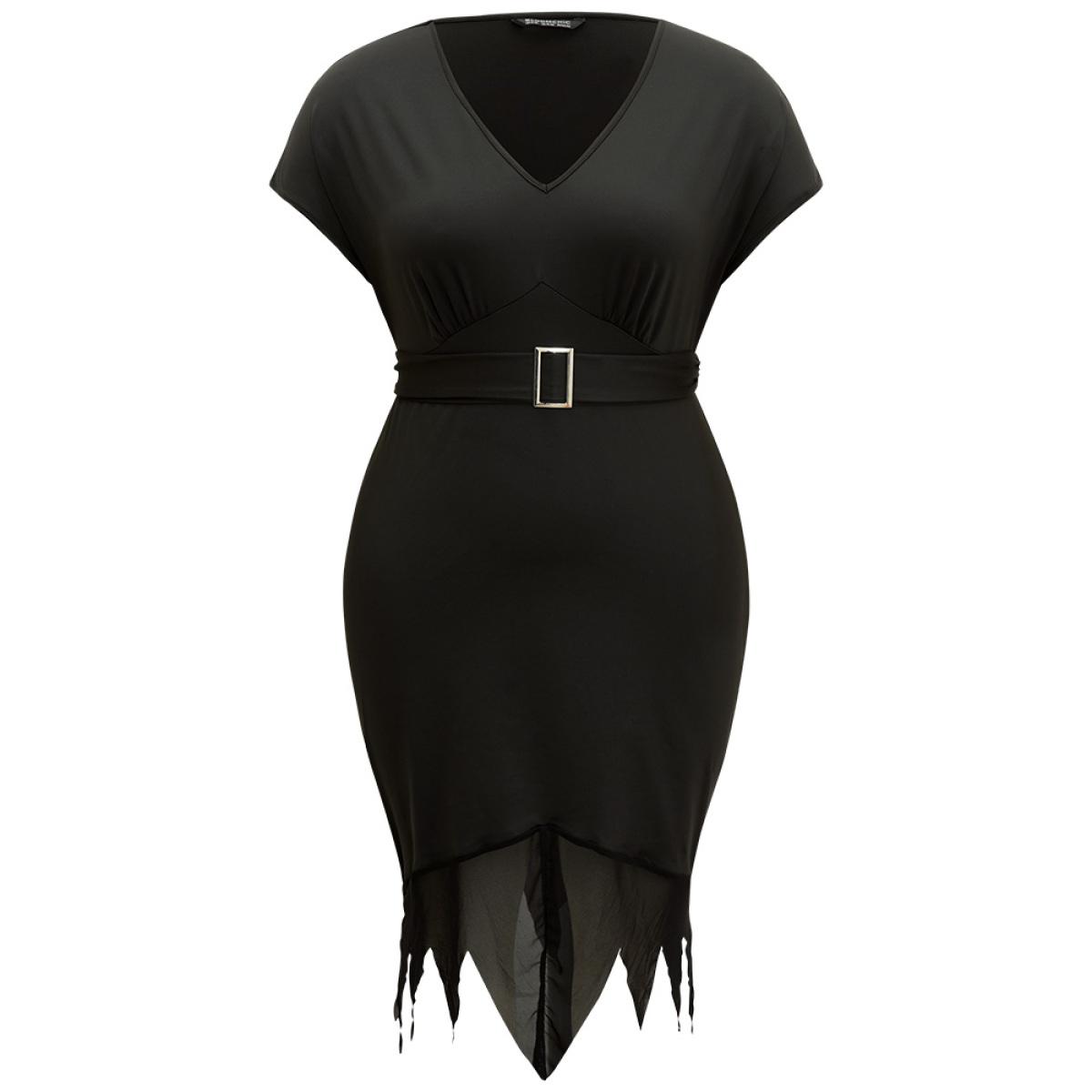 Plus Size Halloween Solid Mermaid Hem Mesh Bowknot Dress Black Women Casual Plain V-neck Sleeveless Curvy Knee Dress BloomChic 22-24/3X Product Image