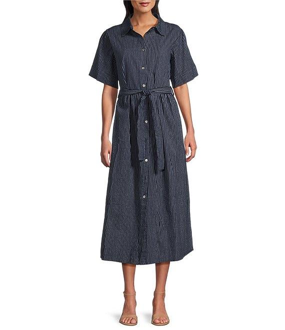 M Made in Italy Pinstriped Stretch Poplin Notch Collar Short Sleeve Self-Belt Midi Shirtdress Product Image