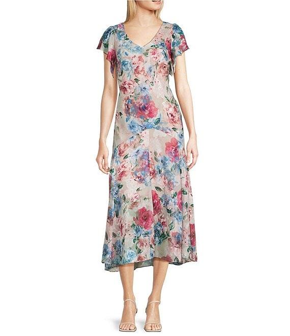 Alex Evenings Short Flutter Sleeve V-Neck Floral Drop Waist Midi Dress Product Image