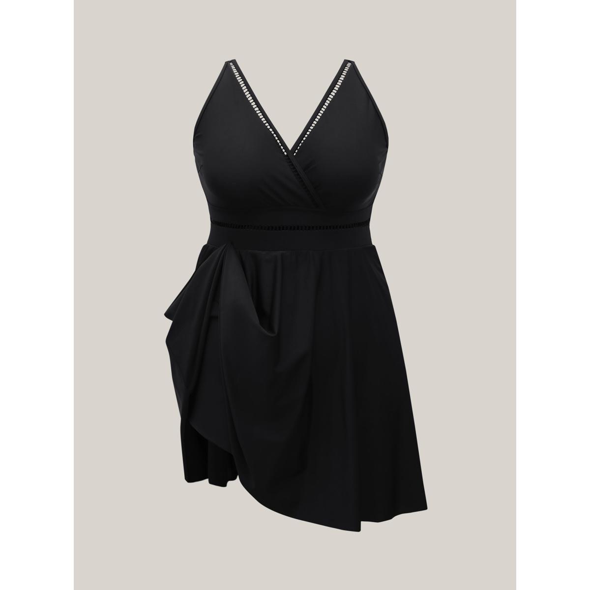 Plus Size Cut-Out Surplice Neck Webbed Swim Dress Women's Swimwear Black Beach Bodycon Overlap Collar High stretch Curve Swim Dresses BloomChic 12/L Product Image