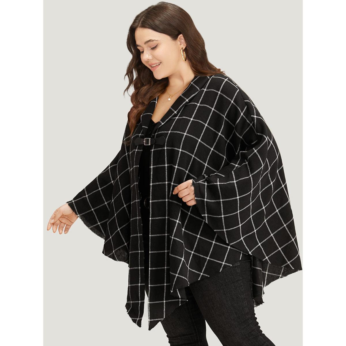 Plus Size Plaid Buckle Detail Cape Kimono Women Black Casual Contrast Loose Dailywear Kimonos BloomChic 22-24/3X Product Image