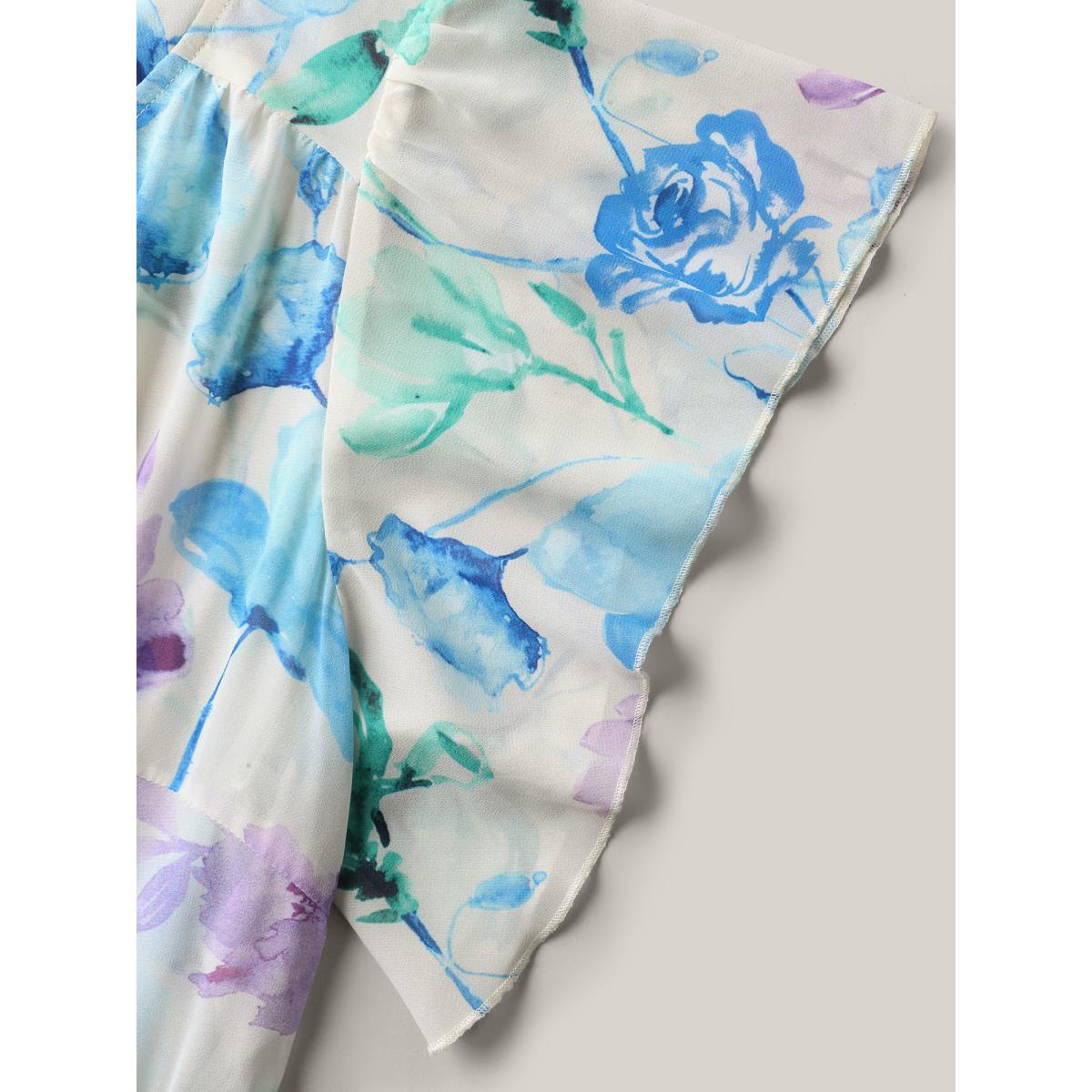 Plus Size Breezy Floral Stretchy Waist Sheer Midi Dress Lavender Women Ribbon-tied collar Cap Sleeve Curvy BloomChic 22-24/3X Product Image