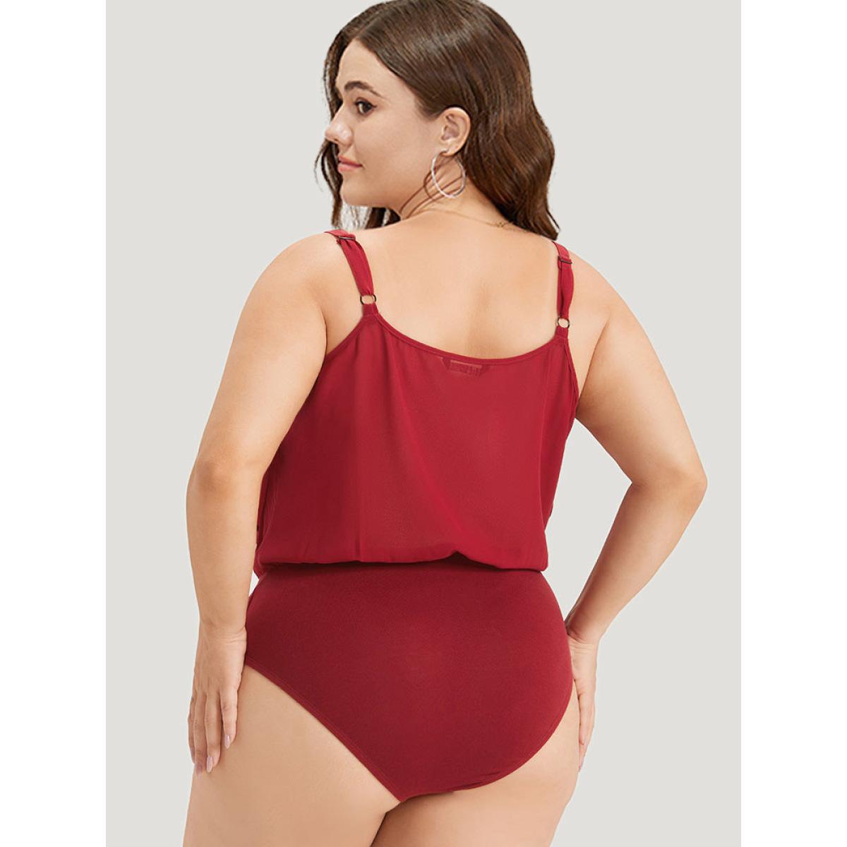 Plus Size Plain Flutter Trim Tiered Cami Bodysuit Women Red Plain Plain Bodysuits BloomChic 30/6X Product Image