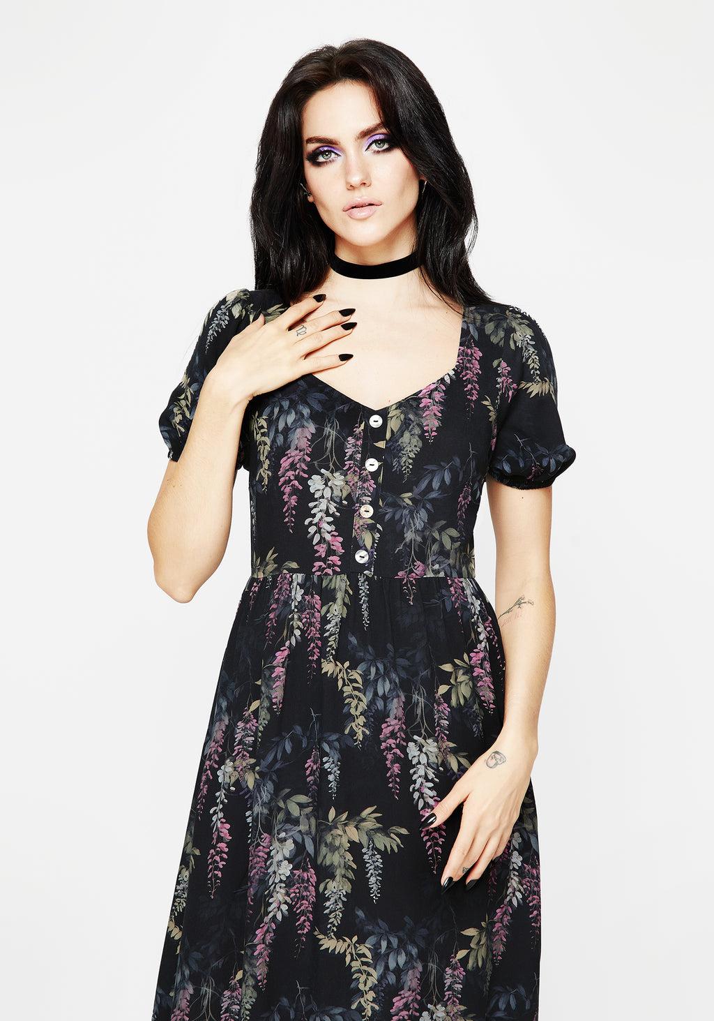 Wisteria Floral Print Puff Sleeve Midi Dress Product Image