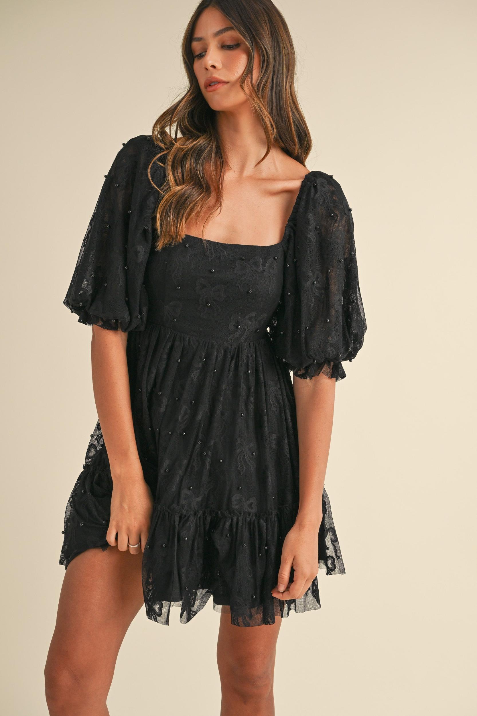 Jacquard Bow & Pearl Detail Mesh Dress Product Image