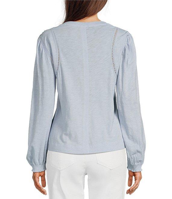 Democracy Petite Size Knit Crew Neck Long Sleeve Crochet Fagoting Detail Top Product Image