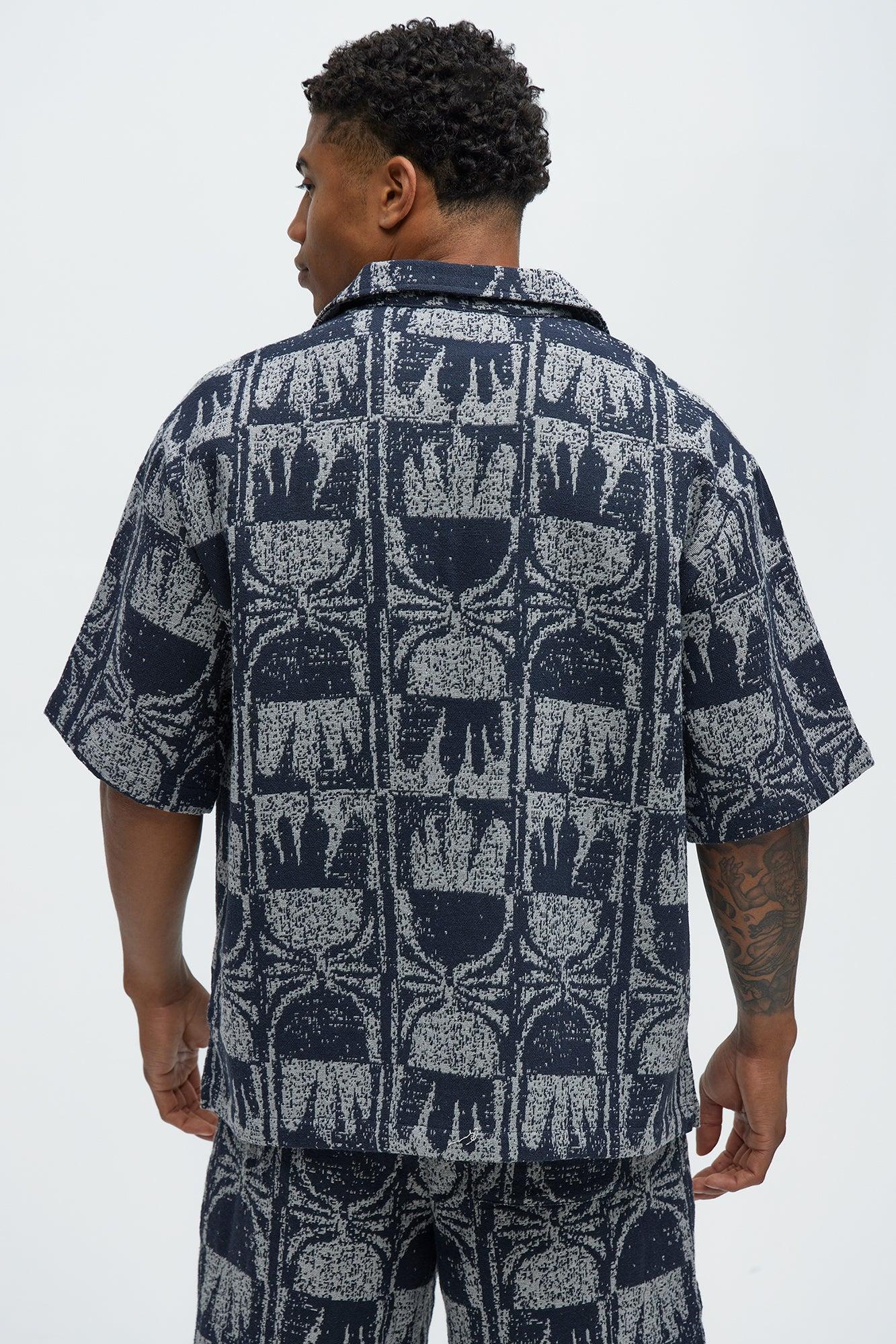 Tribal Pattern Cuban Button Down Shirt - Navy/combo Product Image