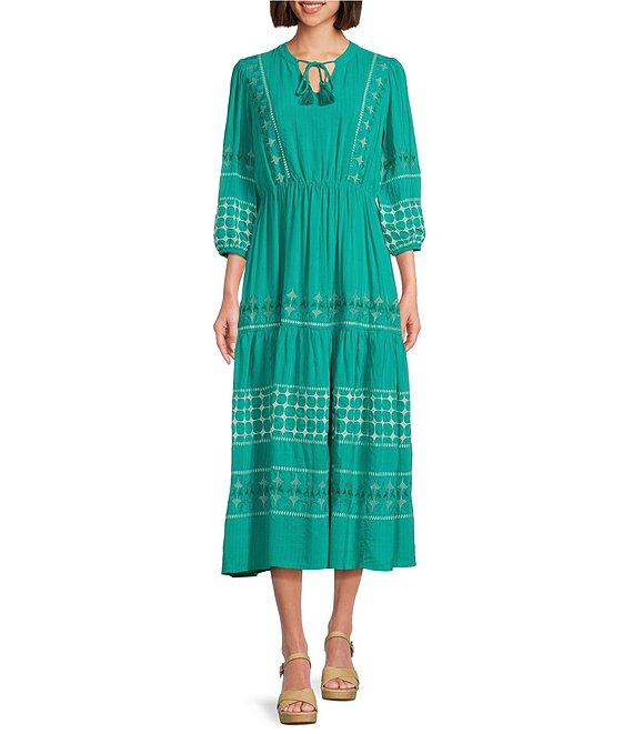 Nurture Embroidered Midi V-Neck 3/4 Sleeve Midi Dress Product Image