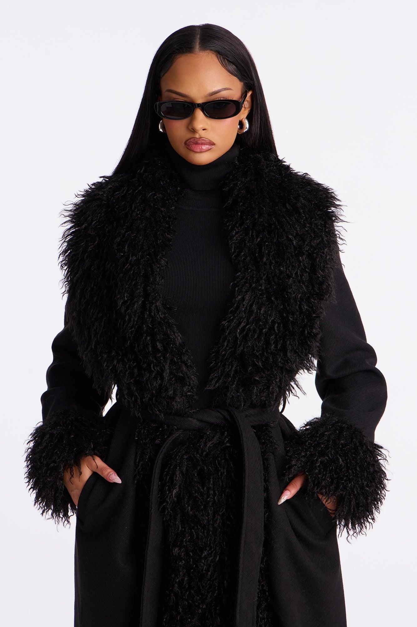 Downtown Manhattan Fur Trim Coat - Black Female Product Image