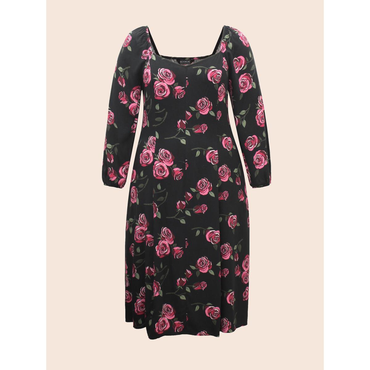 Plus Size Floral Heart Neckline Cross Straps Dress Black Women Elegant Cross straps Heart neckline Long Sleeve Curvy BloomChic 26/4X Product Image