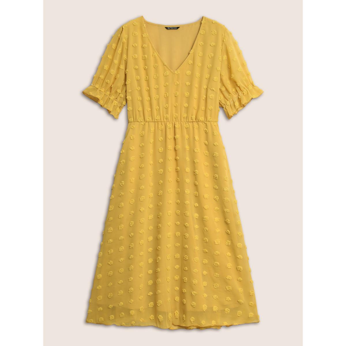Plus Size Chiffon Plisse V Neck Elastic Waist Dress Gold Women Elegant Texture V-neck Short sleeve Curvy BloomChic 22-24/3X Product Image