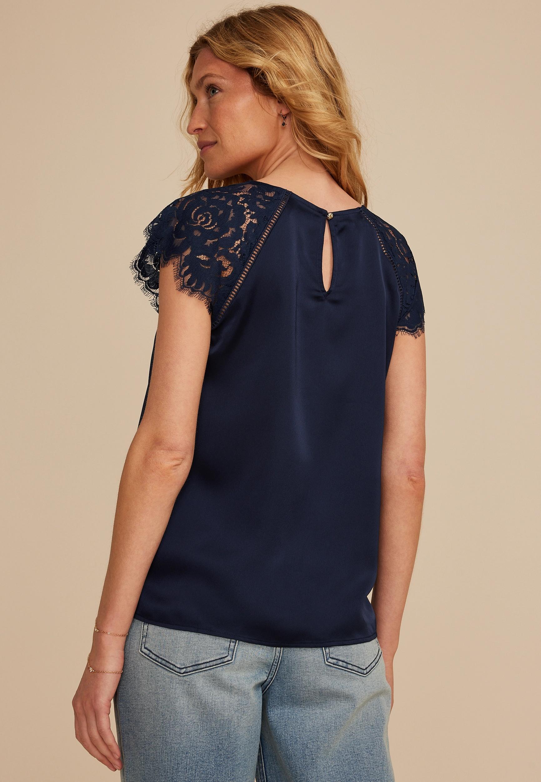 Mixed Fabric Lace Short Sleeve Blouse Product Image