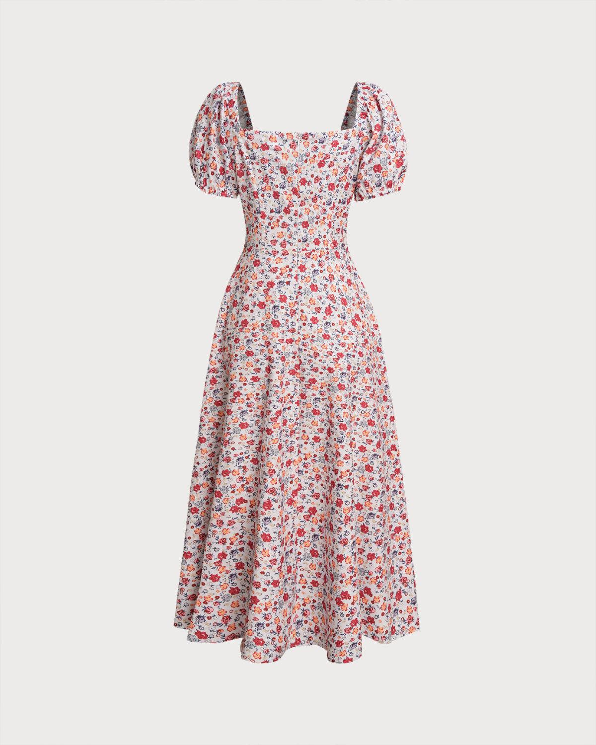 Grey Floral Square Neck Puffed Sleeve Midi Dress Product Image