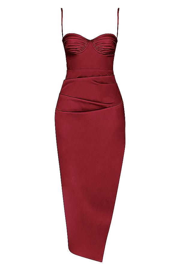 Flora  wine satin pleated corset midi dress Product Image