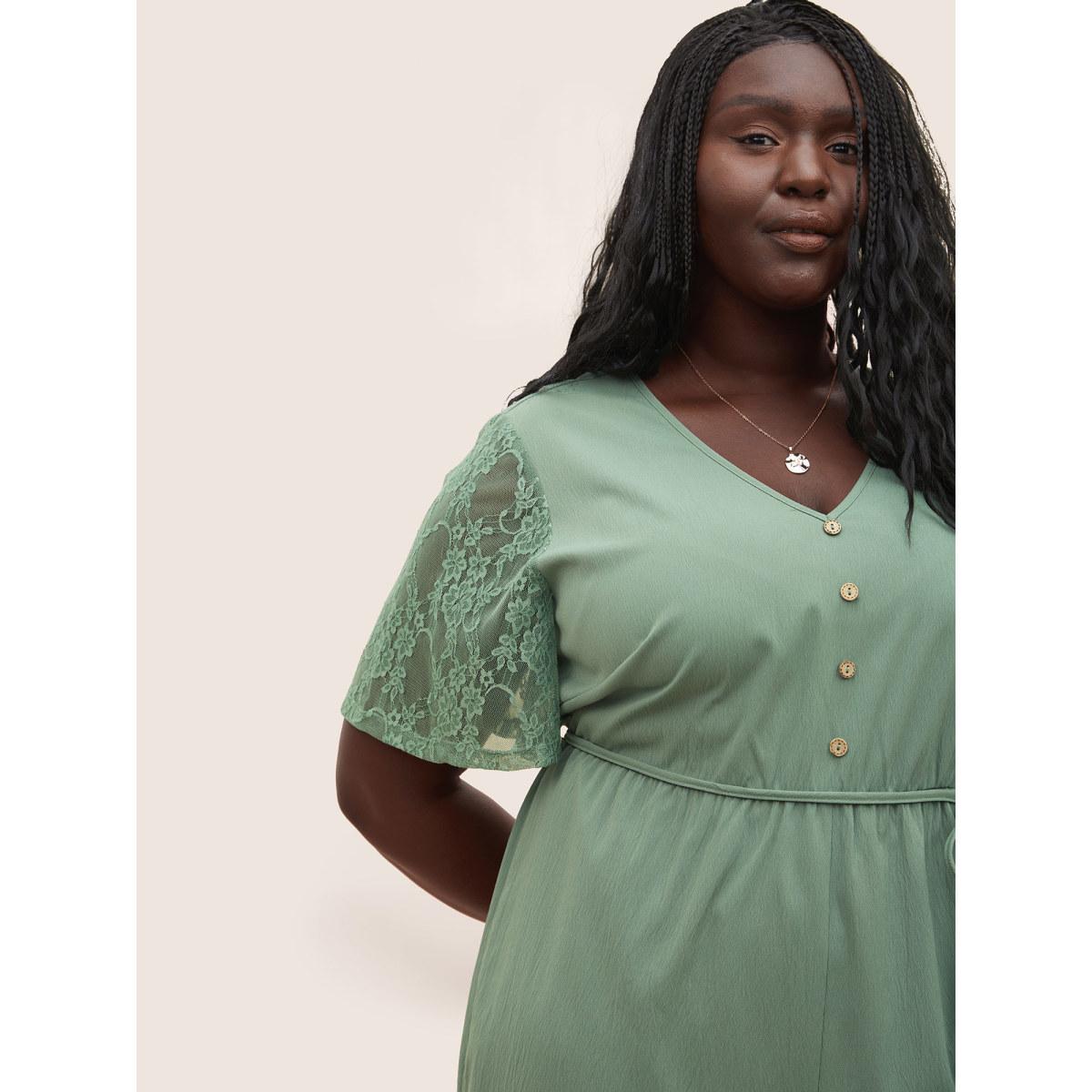 Plus Size Sage Solid Crochet Lace Mesh Ties Jumpsuit Women Resort Short sleeve V-neck Vacation Loose Jumpsuits BloomChic 14-16/1X Product Image