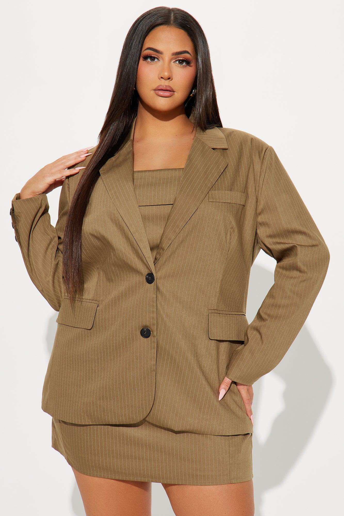 First Class Pinstripe Blazer and Mini Dress Set - Taupe Product Image