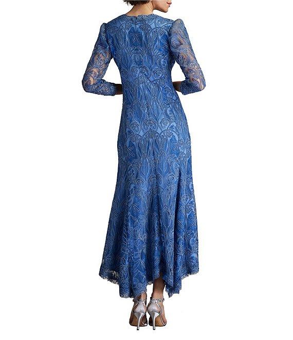 Tadashi Shoji Embroidered Corded Lace V-Neck 3/4 Sleeve High Low Midi Dress Product Image