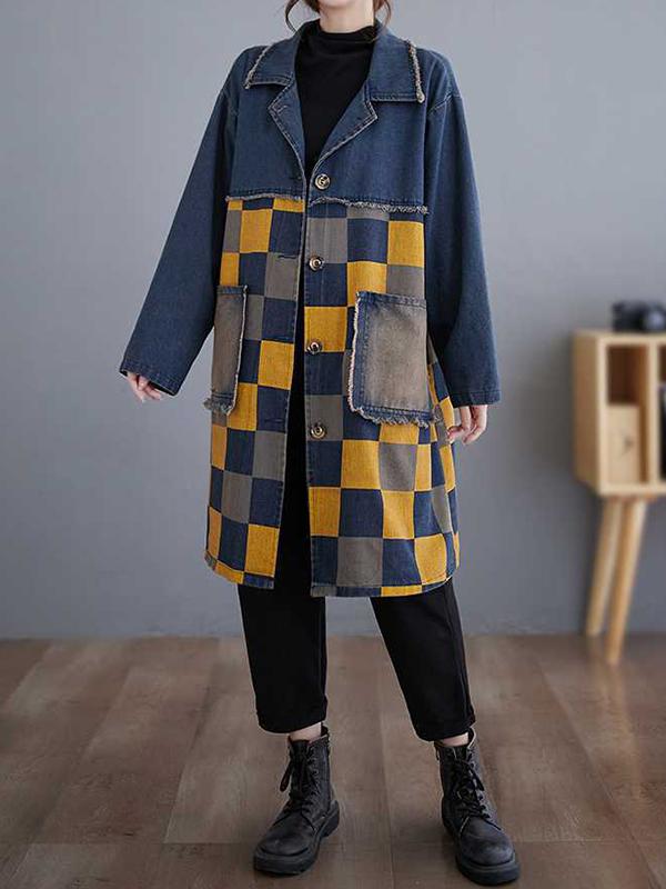 Long Sleeves Loose Buttoned Fringed Plaid Pockets Split-Joint Notched Collar Denim Outerwear Product Image