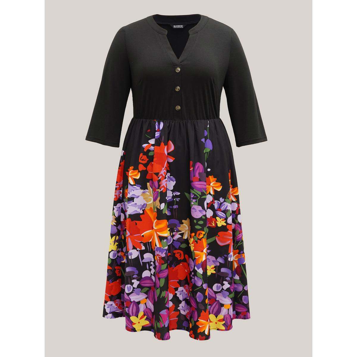 Plus Size Brush Stroke Flowers Notched Collar Dress Black Women Casual Button V-neck Elbow-length sleeve Curvy BloomChic 18-20/2X Product Image