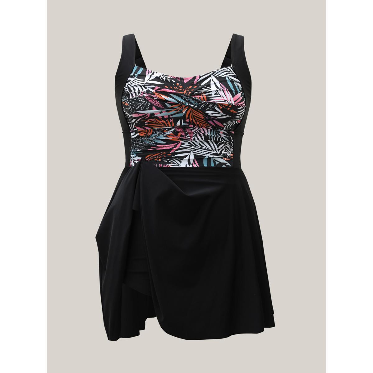 Plus Size Tropical Leaf Print Twist Front Swim Dress Women's Swimwear Black Beach Bodycon Heart neckline High stretch Curve Swim Dresses BloomChic 22-24/3X Product Image
