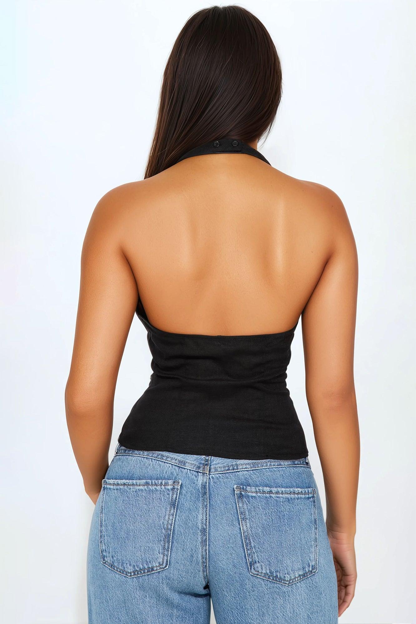 Long Summer Days Linen Halter Top - Black Product Image