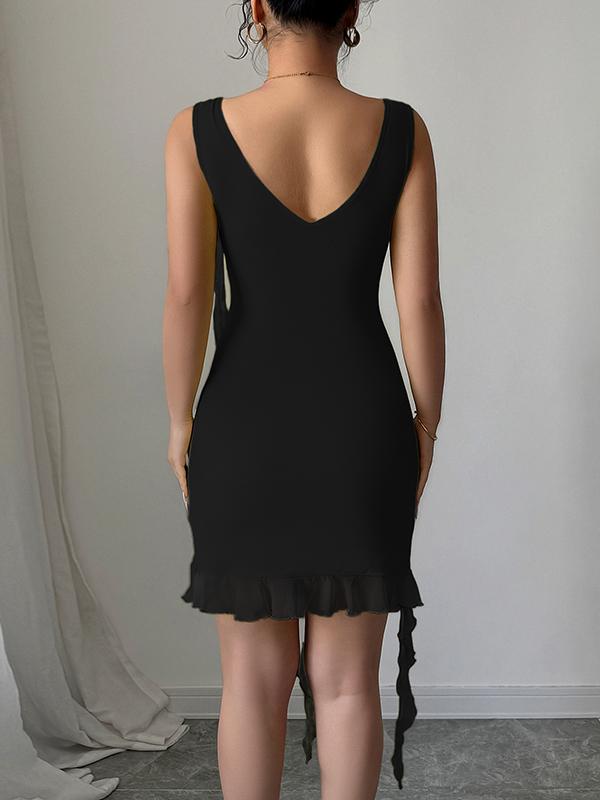 Bodycon High Waisted Pleated Solid Color V-Neck Mini Dresses Product Image
