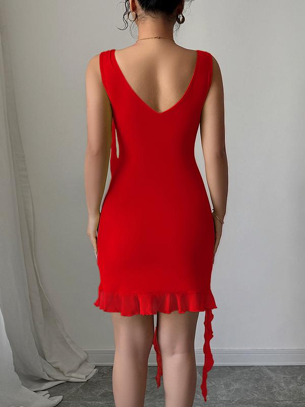 Bodycon High Waisted Pleated Solid Color V-Neck Mini Dresses Product Image