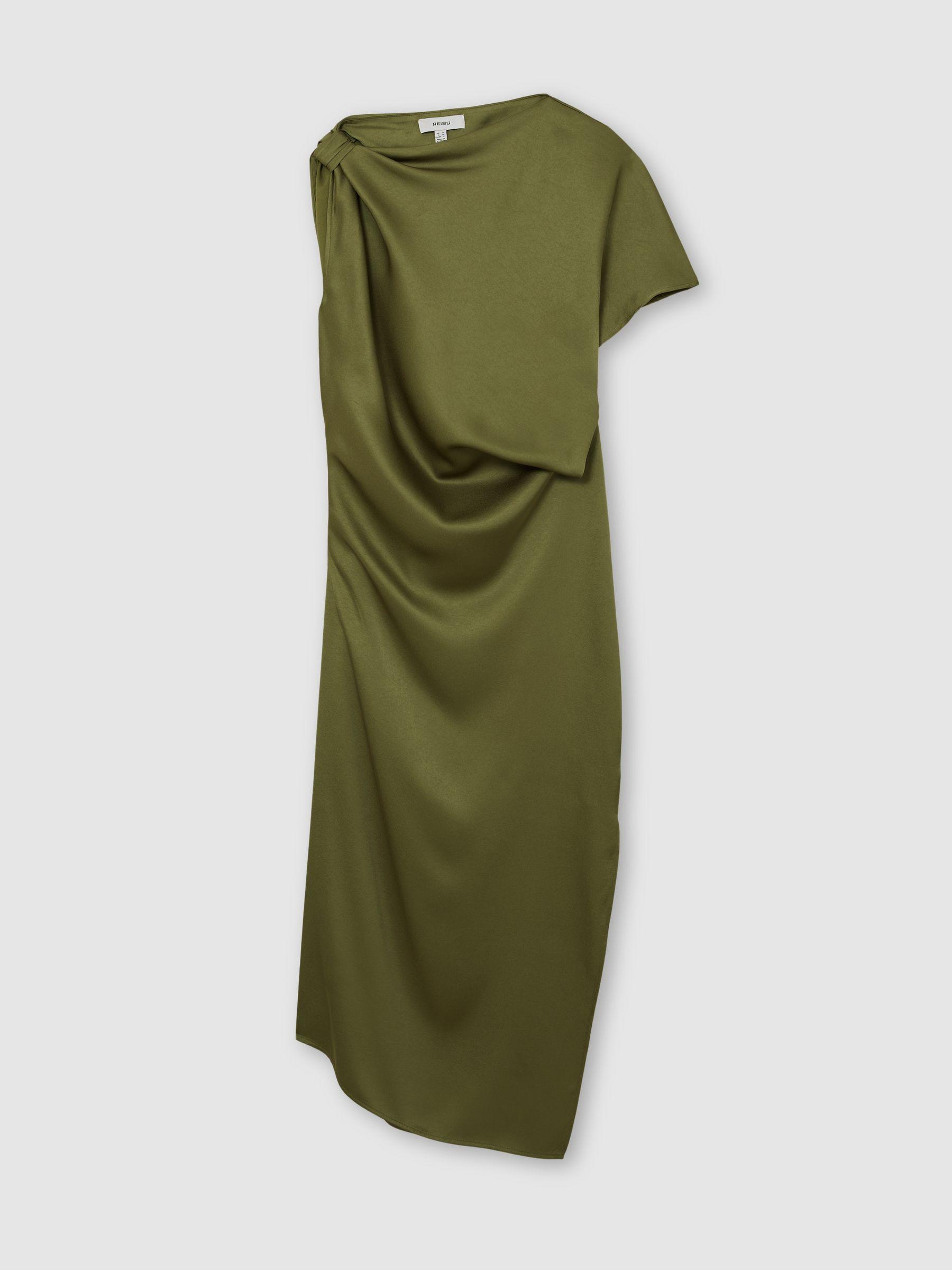 Satin Asymmetric Draped Midi Dress in Olive Green Product Image