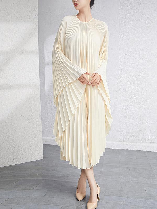 Batwing Sleeves Loose Pleated Solid Color Maxi Dresses Product Image
