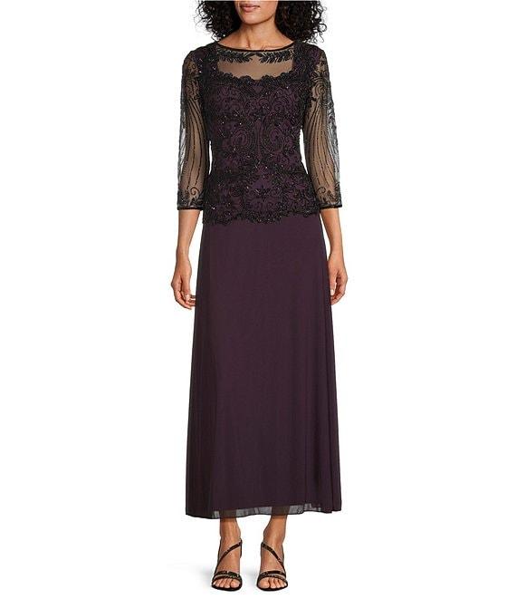 Pisarro Nights Beaded Illusion Boat Neck 3/4 Sleeve A-Line Dress Product Image