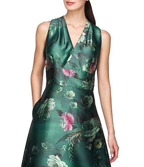 Kay Unger Floral Print Mikado V-Neck Sleeveless Side Pocket Gown Product Image