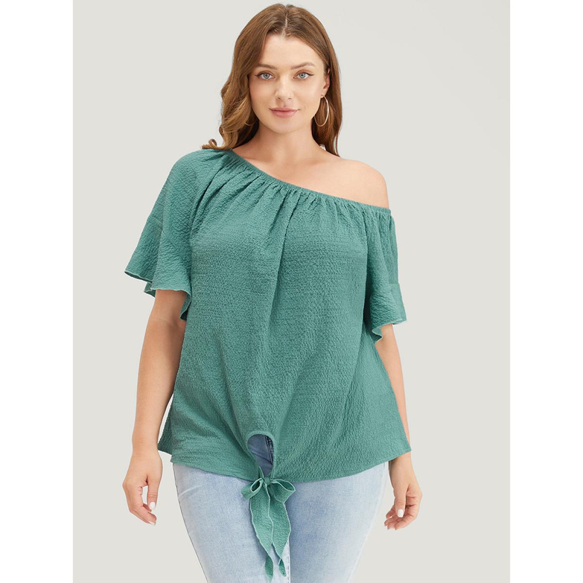 Plus Size Teal Solid Cut Out Knotted Hem Ruffle Sleeve One Shoulder Blouse Women Elegant Short sleeve One Shoulder Dailywear Blouses BloomChic 22-24/3X Product Image
