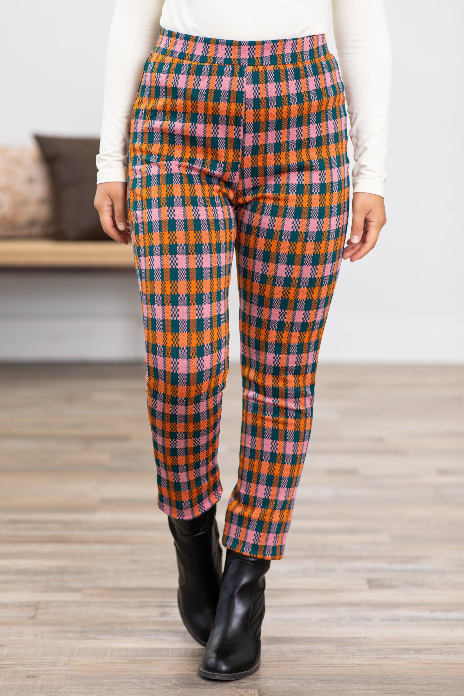 Orange Plaid Pull On Pants Product Image
