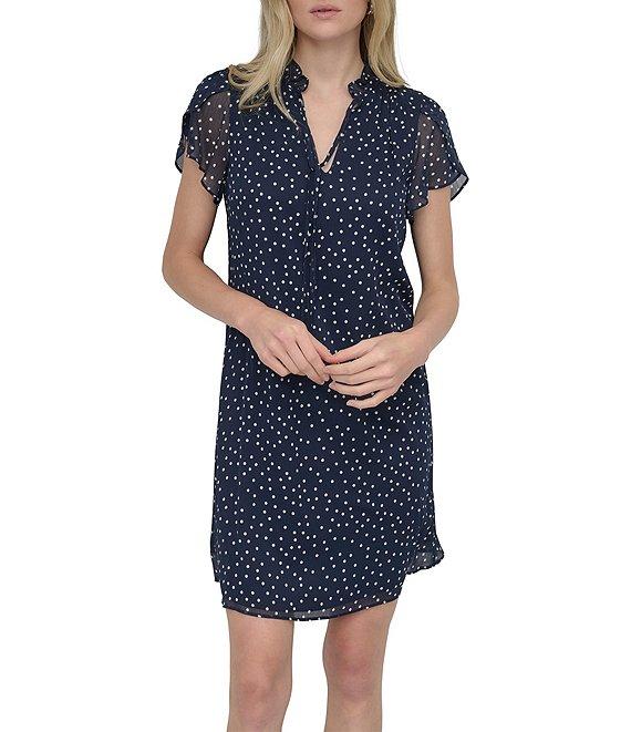 DKNY by Donna Karan Woven Dotted Print Mock Neck Short Sleeve Shift Mini Dress Product Image