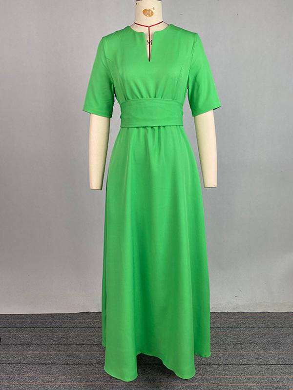 Half Sleeves High Waisted Solid Color Tied Waist V-Neck Maxi Dresses Product Image