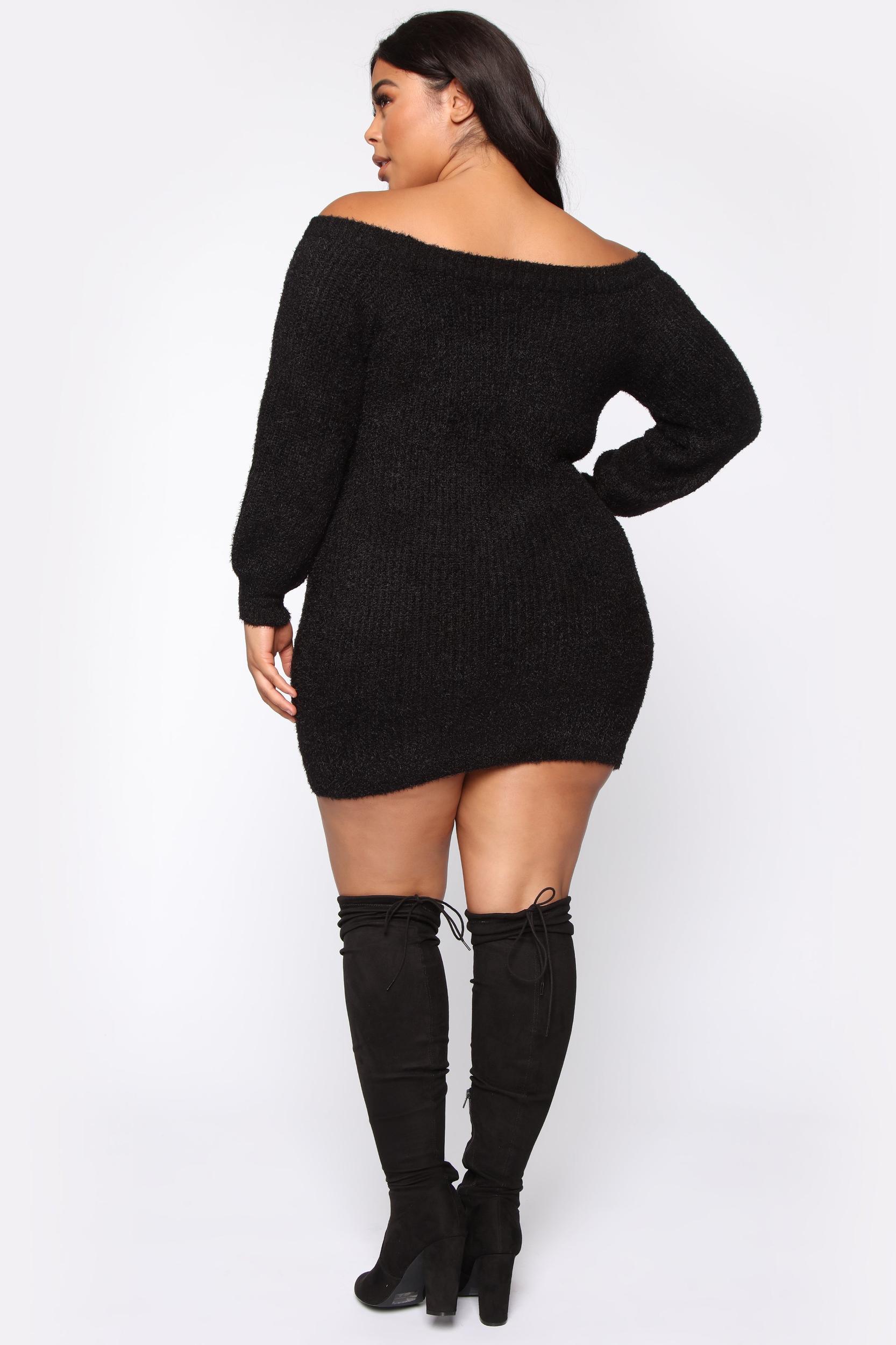 Bella Off Shoulder Sweater Dress - Black Product Image