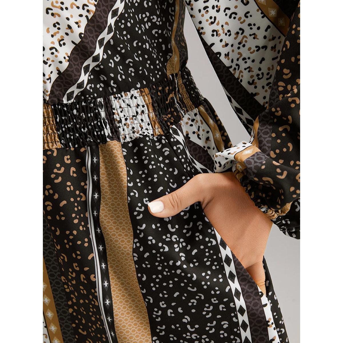 Plus Size Boho Print Striped Shirred Wrap Dress Leopard Women Vacation Elastic cuffs V-neck Long Sleeve Curvy Midi Dress BloomChic 22-24/3X Product Image